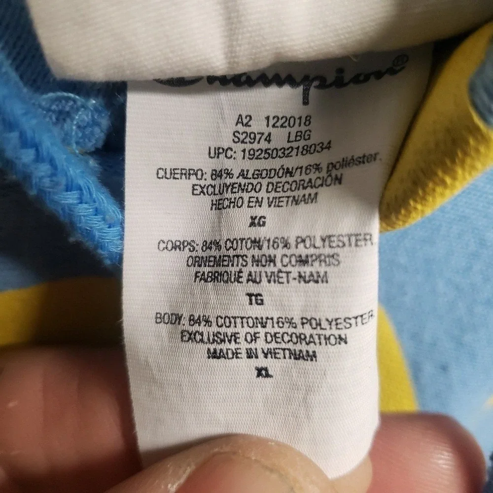 Champion Reverse Weave Hoodie Mens XL Blue Yellow All Over Script Logo Retro 90s